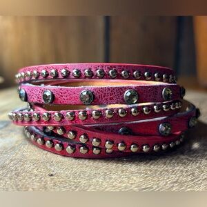 Studded Red & Black Leather Double Wrap Bracelet, Adjustable 17” Length